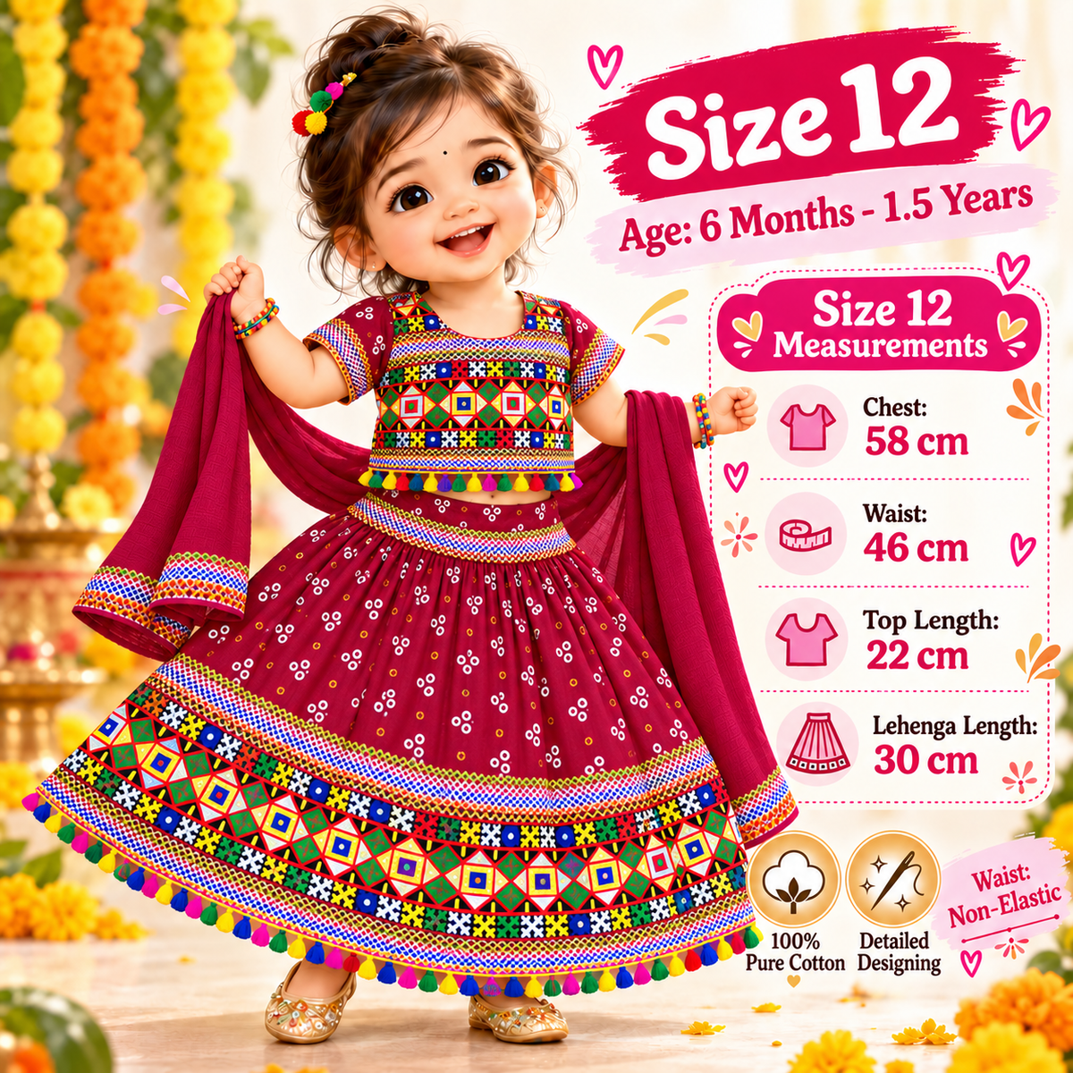 Girls Maroon Pure Cotton Ghagra Choli Set with Matching Dupatta – Traditional Navratri Lehenga