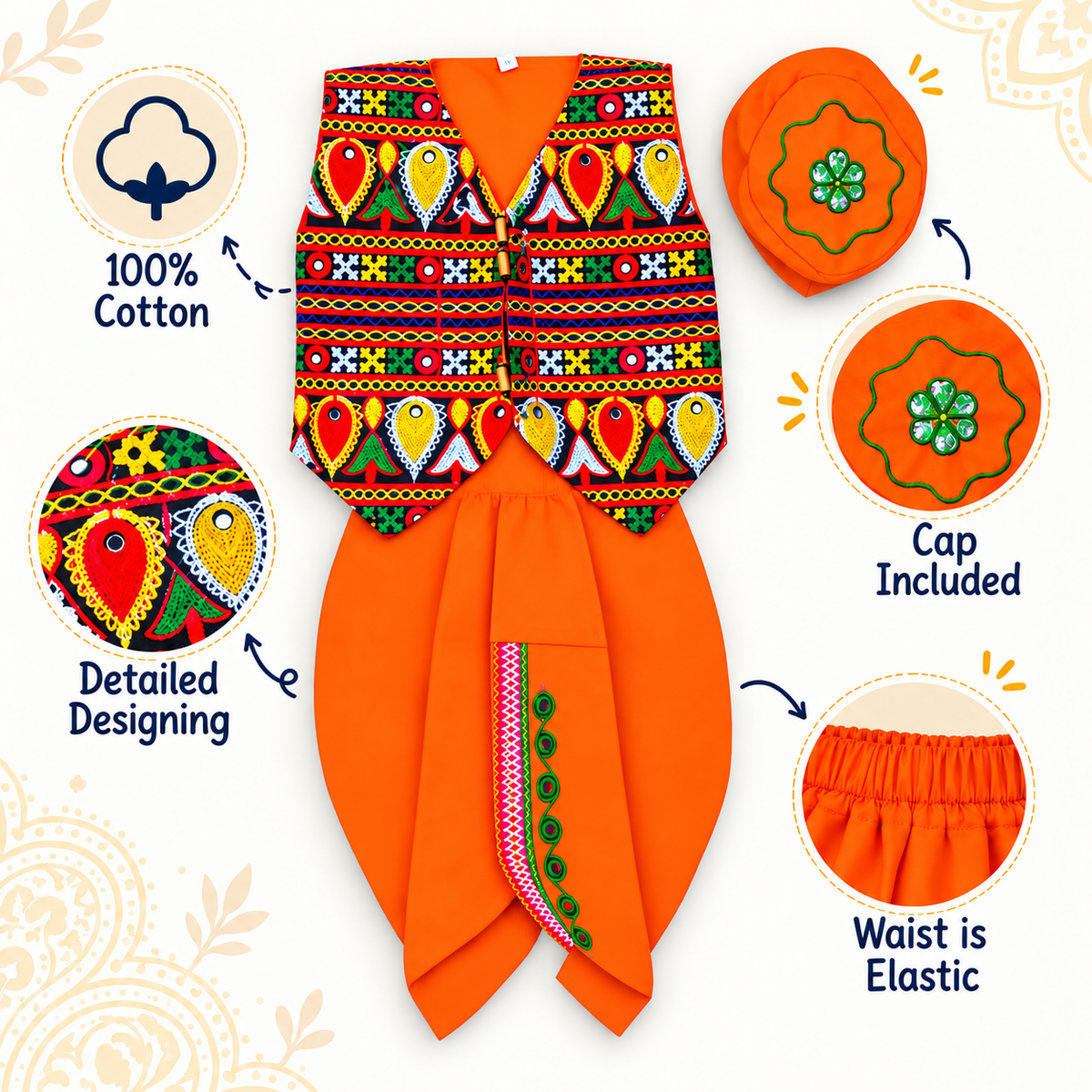 Boys Orange Traditional Kutchi Embroidered Jacket Dhoti Set with Cap – 100% Cotton