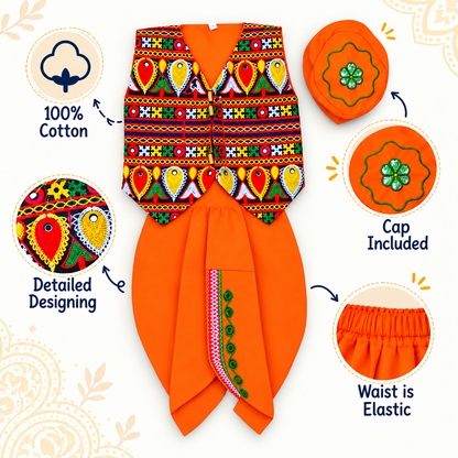 Boys Orange Traditional Kutchi Embroidered Jacket Dhoti Set with Cap – 100% Cotton
