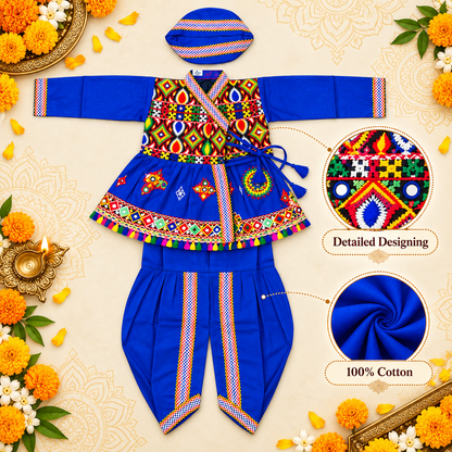 Boys Festive Royal Blue Embroidered Jacket & Dhoti Set with Matching Cap – 100% Cotton