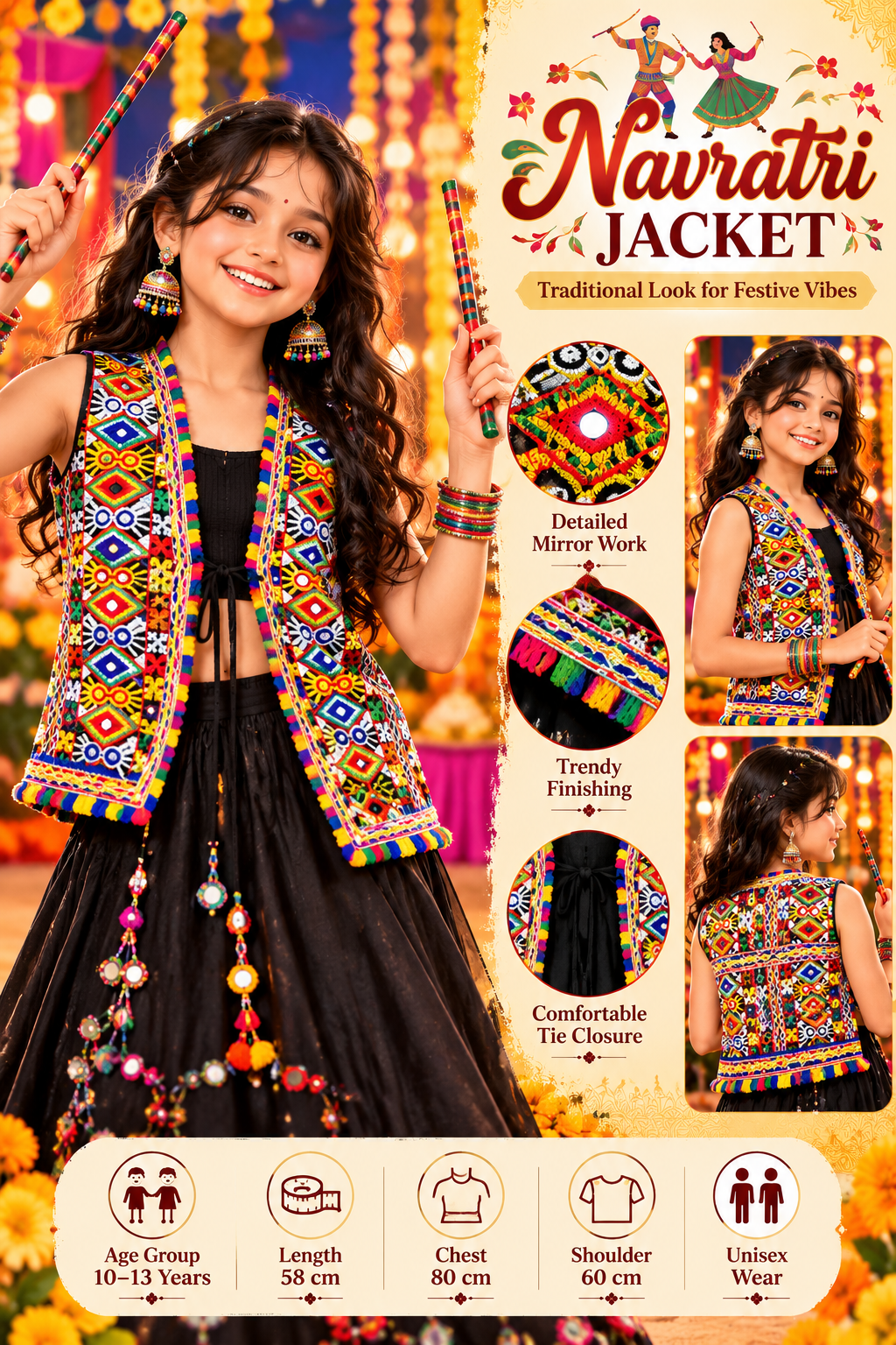Kids Navratri Kutch Embroidered Jacket | Multicolour Traditional Mirror Work & Tassel Jacket | Free Size