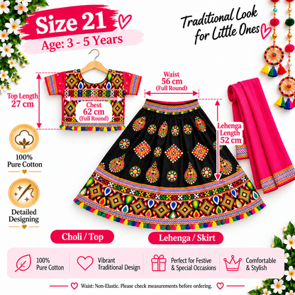 Girls Black Multicolor Pure Cotton Garba Lehenga Choli Set with Pink Dupatta