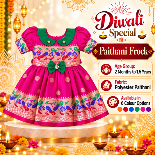 Girls Rani Pink Peacock Design Ethnic Frock with Decorative Bow | Baby Girls Wedding & Festive Dress