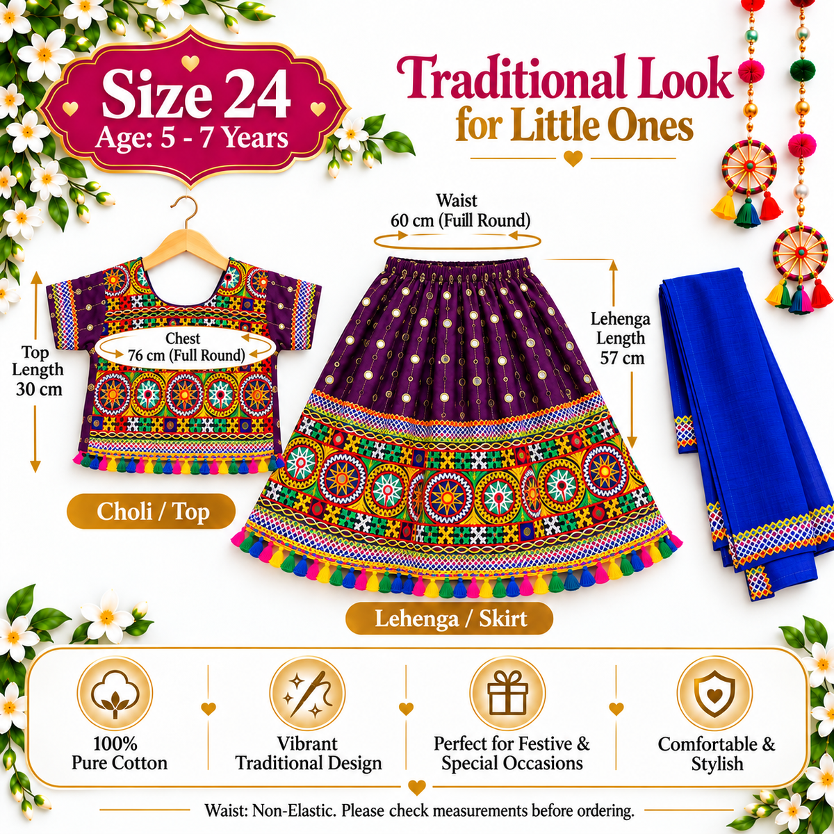Girls Purple Traditional Lehenga Choli Set with Royal Blue Dupatta – 100% Pure Cotton Festive Wear
