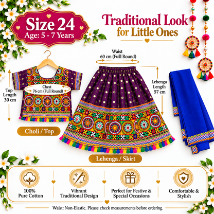 Girls Purple Traditional Lehenga Choli Set with Royal Blue Dupatta – 100% Pure Cotton Festive Wear