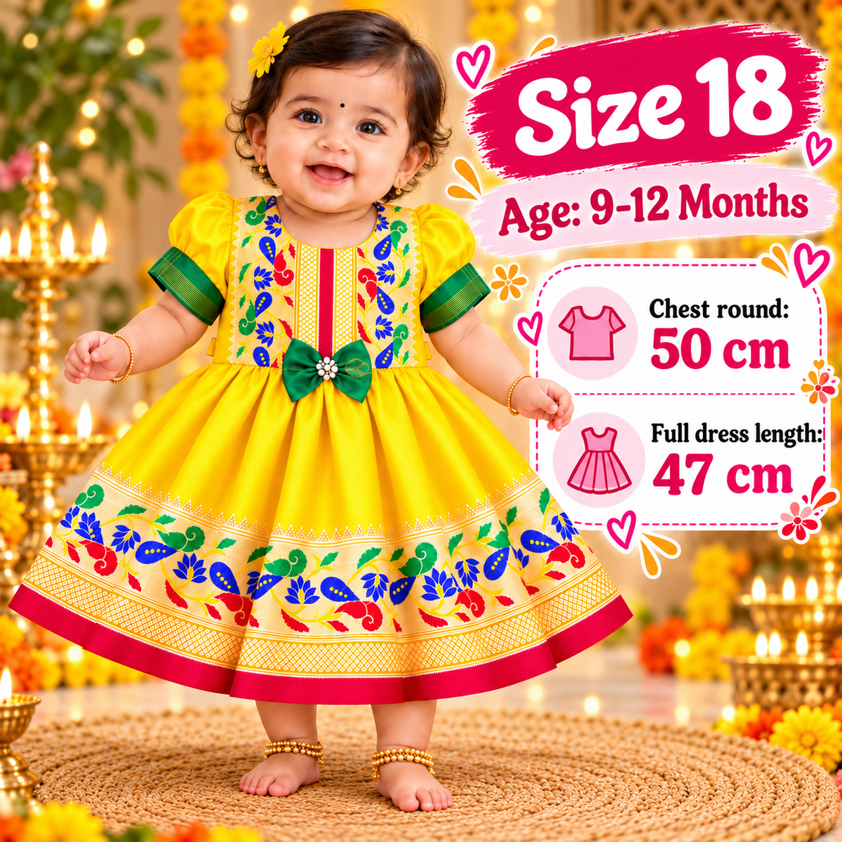 Girls Yellow Paithani Frock Dress | Traditional Indian Ethnic Wear | Diwali & Festive Special