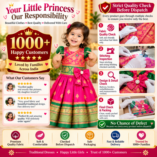 Girls Orange Peacock Border Paithani Frock with Green Bow | Baby Girls Festive & Party Wear