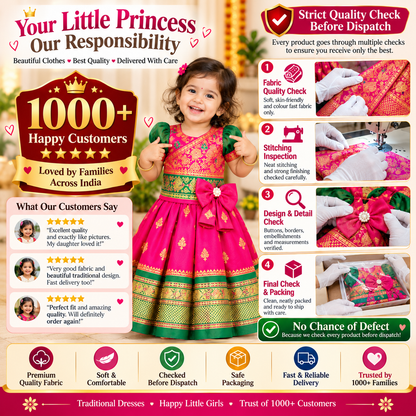 Girls Bright Red Festive Peacock Frock with Green Bow | Baby Girls Indian Ethnic Party Dress
