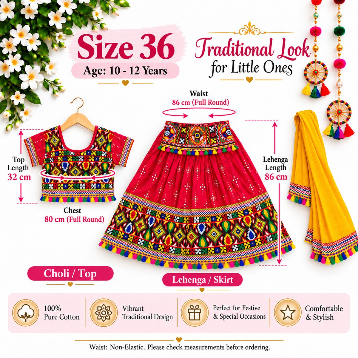 Girls Red Traditional Lehenga Choli Set with Mustard Yellow Dupatta – 100% Pure Cotton