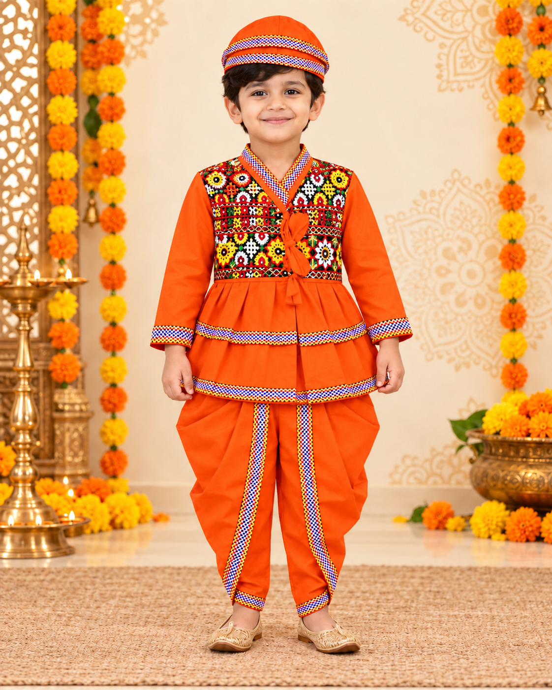 Premium Boys Traditional Orange Kedia Style Embroidered Dhoti Set with Matching Cap – 100% Cotton