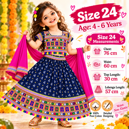 Girls Navy Blue Pure Cotton Ghagra Choli Set with Pink Dupatta – Traditional Navratri Lehenga
