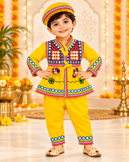 Boys Traditional Kutchi Mirror Work Kurta Pant Set with Cap – 100% Cotton