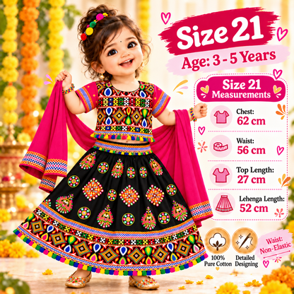 Girls Black Multicolor Pure Cotton Garba Lehenga Choli Set with Pink Dupatta