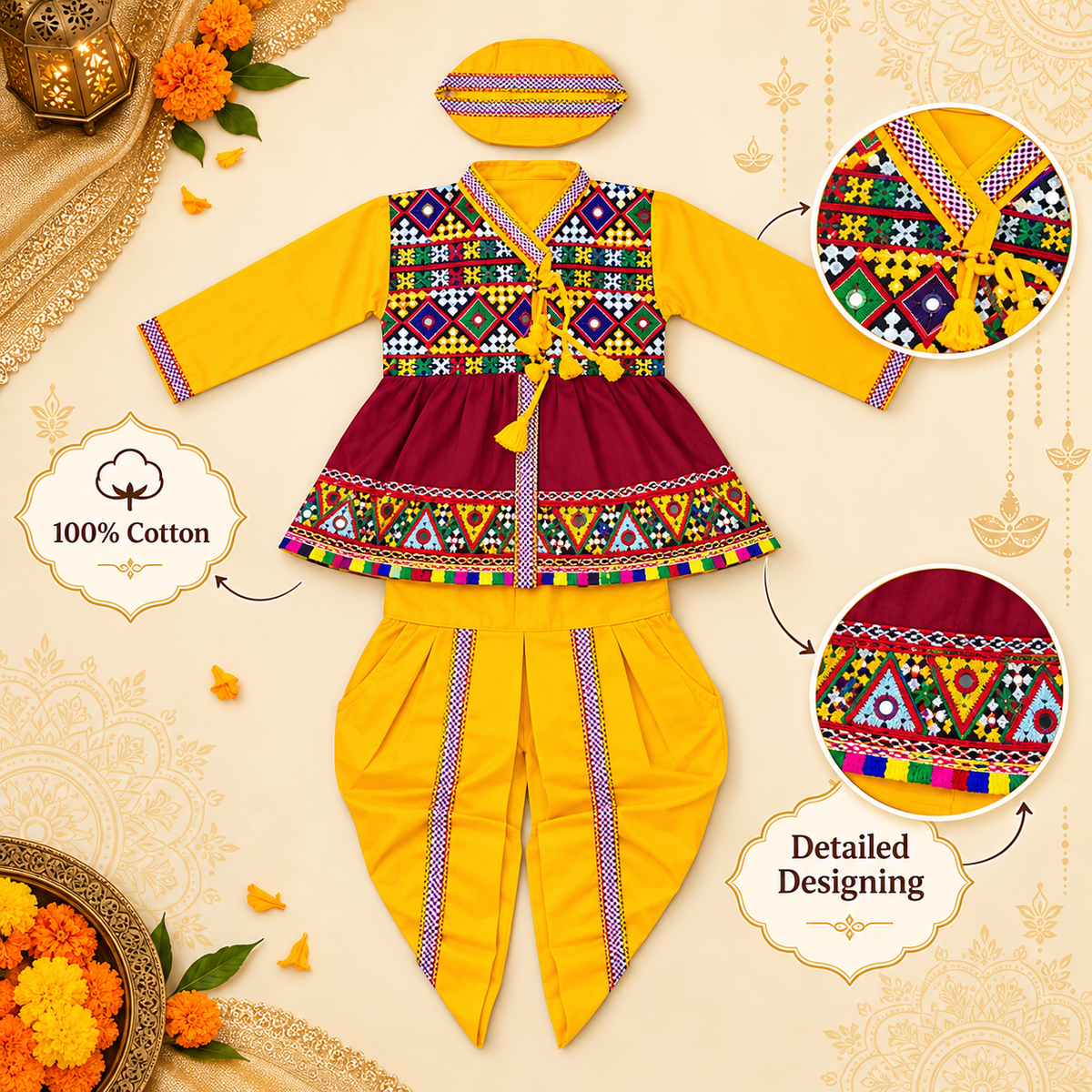 Boys Navratri Embroidered Yellow Kedia Dhoti Set with Matching Cap – 100% Cotton