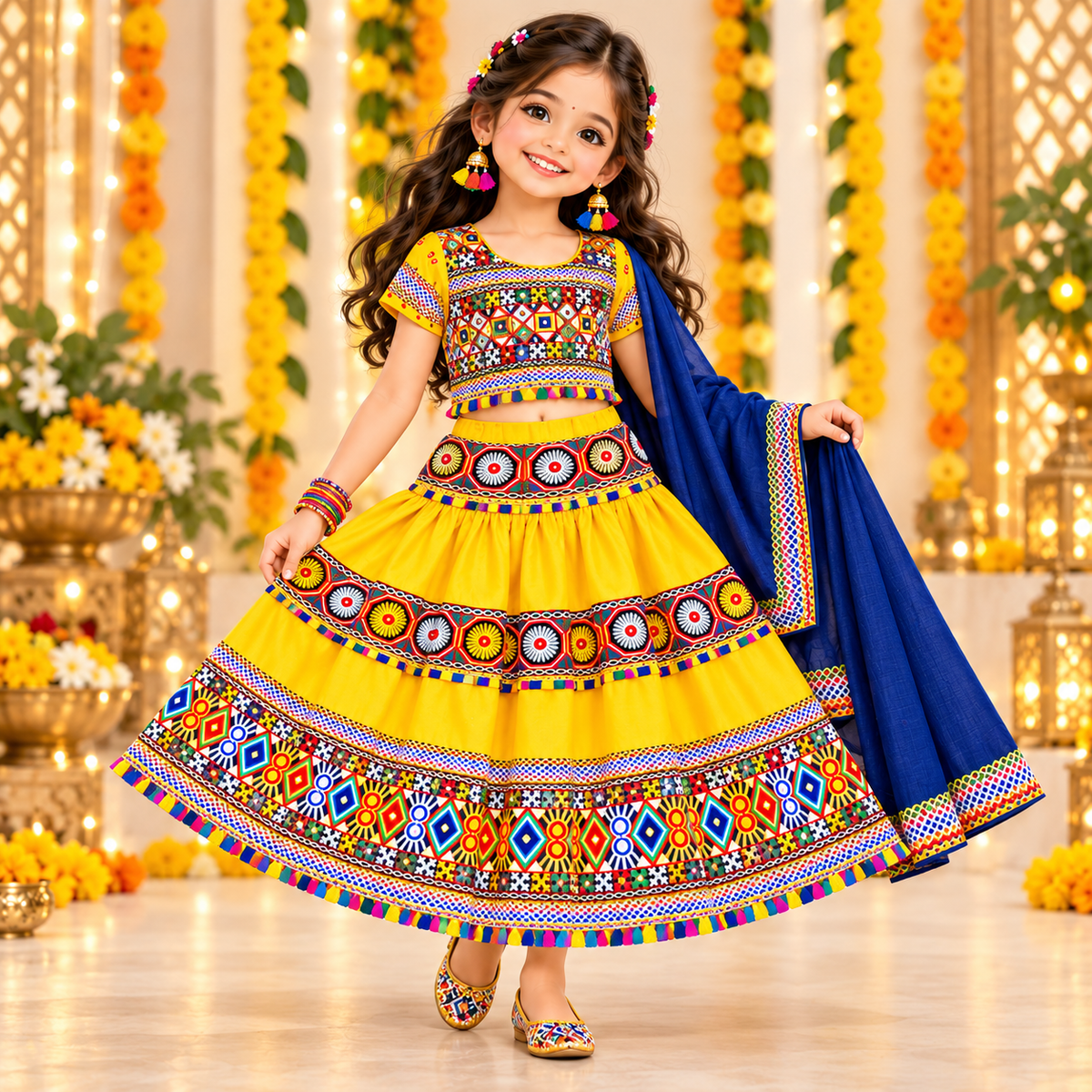 Girls Yellow Traditional Cotton Lehenga Choli Set with Blue Dupatta