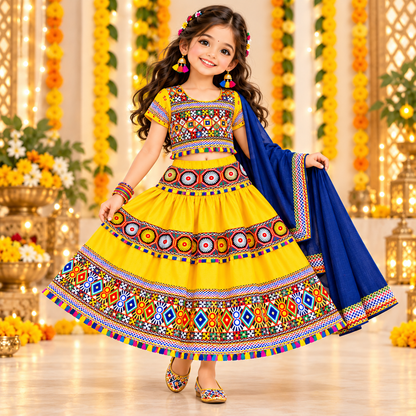 Girls Yellow Traditional Cotton Lehenga Choli Set with Blue Dupatta
