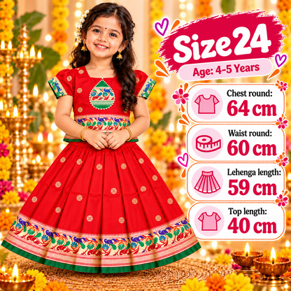 Girls Bright Red Traditional Pattu Pavadai Lehenga Choli Set | Designer Festive & Wedding Dress