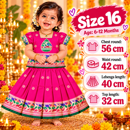 Girls Rani Pink Designer Pattu Pavadai Skirt & Top Set | Peacock Border Ethnic Party Wear