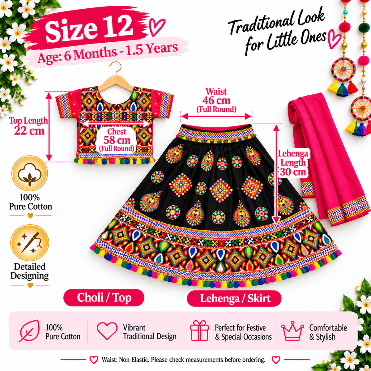 Girls Black Multicolor Pure Cotton Garba Lehenga Choli Set with Pink Dupatta