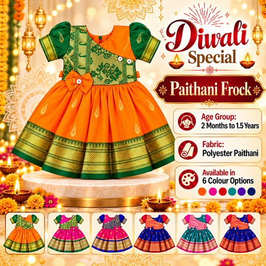 Girls Orange & Green Designer Paithani Frock with Golden Border | Baby Girls Festive & Wedding Wear