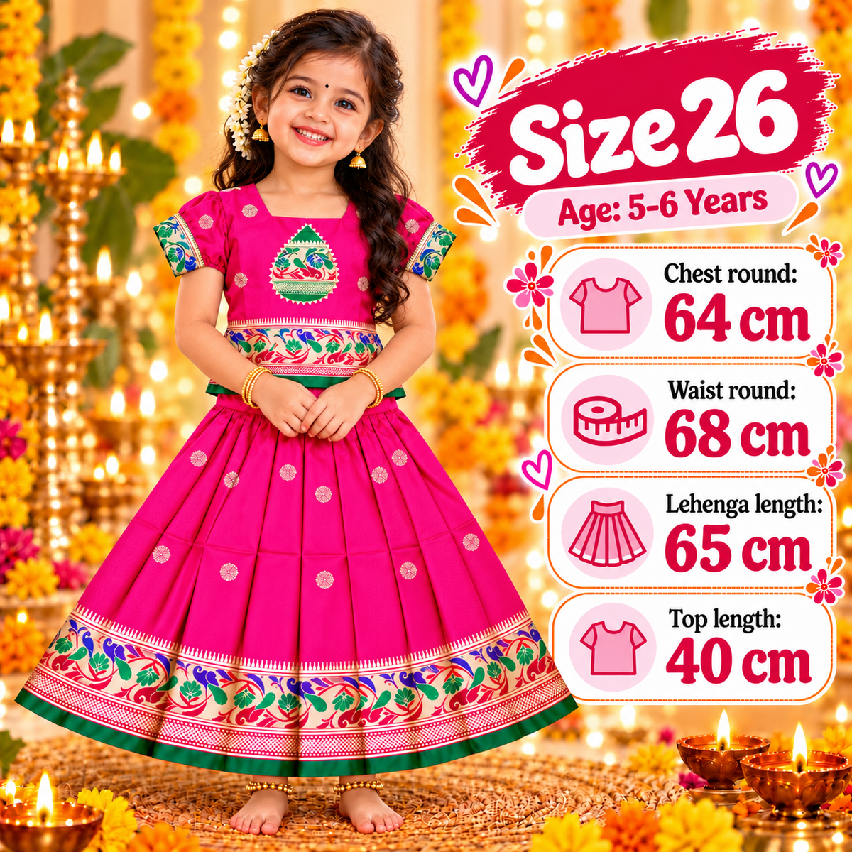 Girls Rani Pink Designer Pattu Pavadai Skirt & Top Set | Peacock Border Ethnic Party Wear