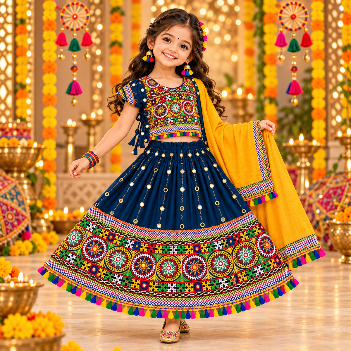 Girls Navy Blue Traditional Lehenga Choli Set with Mustard Yellow Dupatta – 100% Pure Cotton