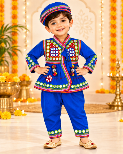 Boys Traditional Kutchi Mirror Work Kurta Pant Set with Cap – 100% Cotton