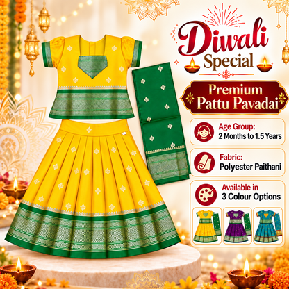Girls Sunshine Yellow Pattu Pavadai Set with Green Dupatta | Premium Traditional Indian Ethnic Wear
