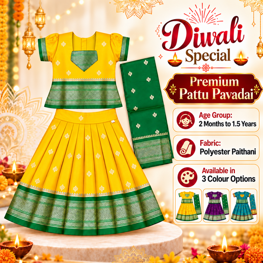 Girls Sunshine Yellow Pattu Pavadai Set with Green Dupatta | Premium Traditional Indian Ethnic Wear