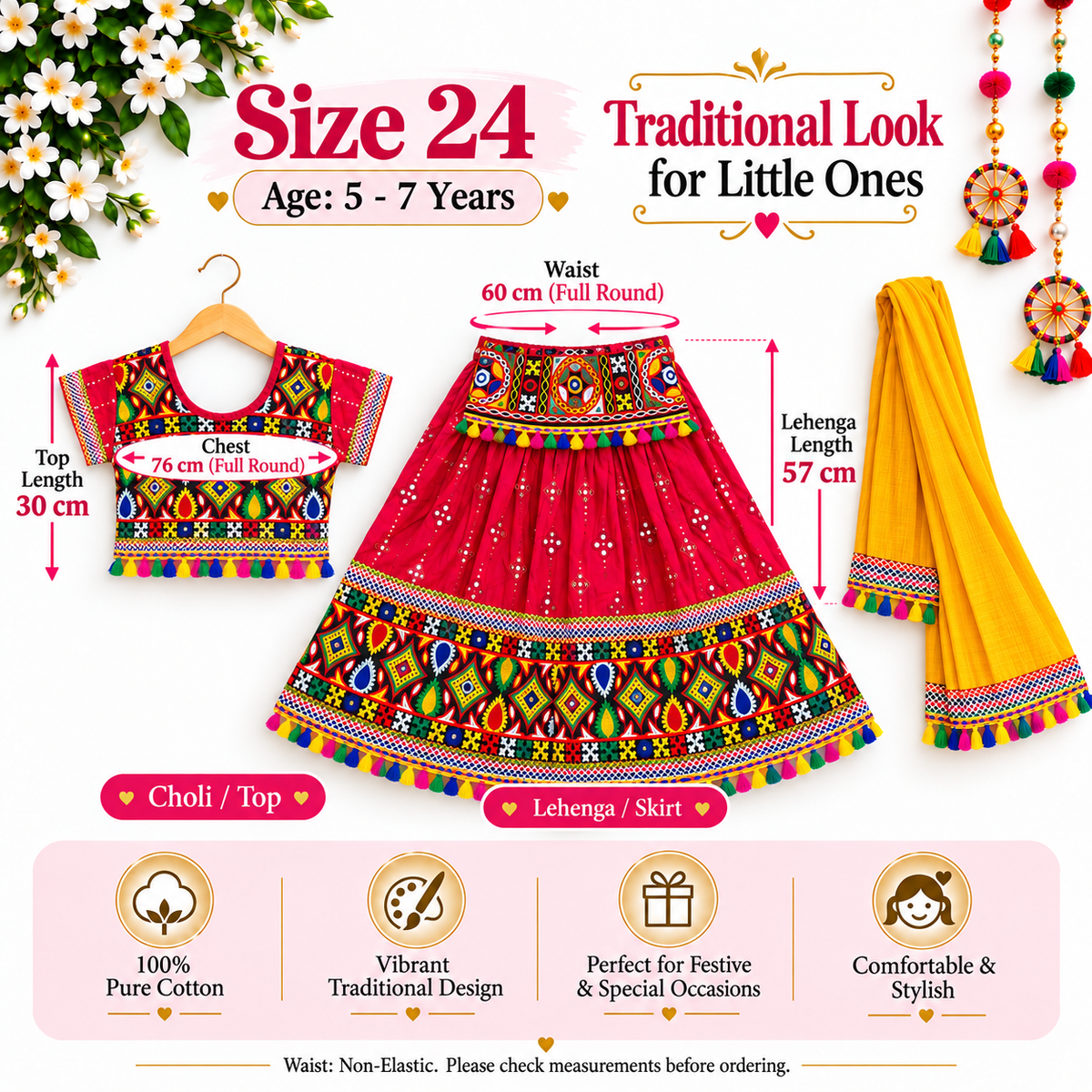 Girls Red Traditional Lehenga Choli Set with Mustard Yellow Dupatta – 100% Pure Cotton