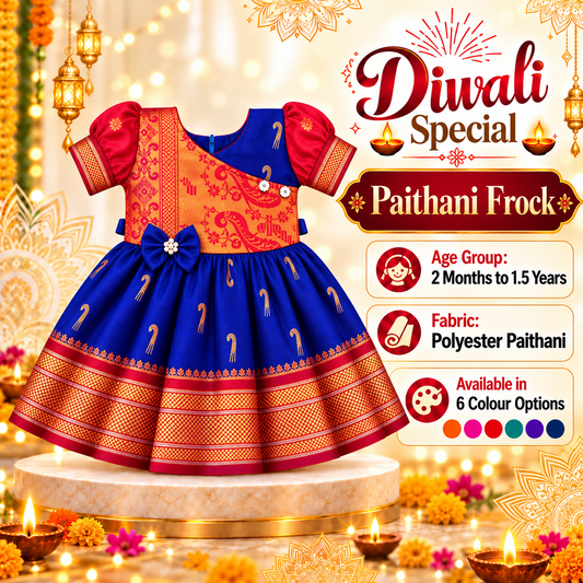 Girls Royal Blue & Red Heritage Designer Paithani Frock with Golden Zari-Style Border | Festive Ethnic Wear