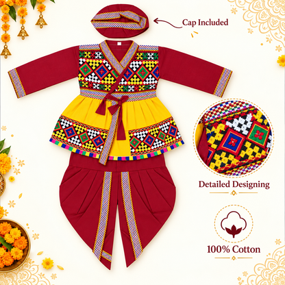 Boys Traditional Kutchi Embroidered Maroon Dhoti Kurta Set with Cap – 100% Cotton
