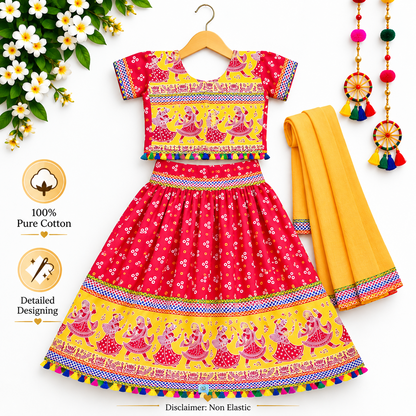 Girls Red & Yellow Pure Cotton Garba Lehenga Choli Set with Yellow Dupatta