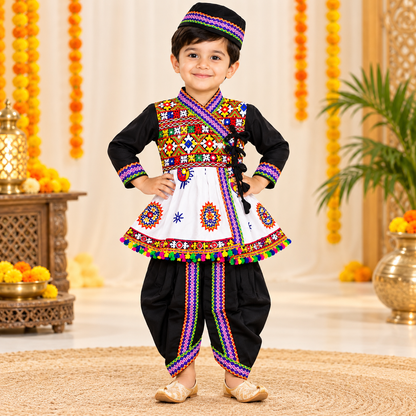 Boys Traditional Black Angrakha Style Embroidered Dhoti Set with Cap – 100% Cotton
