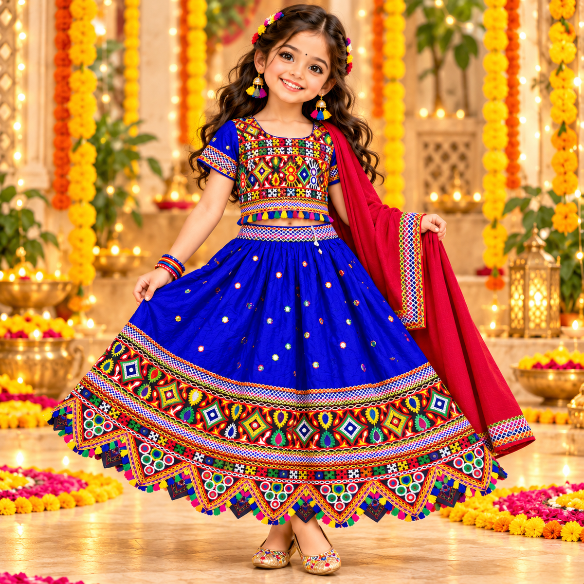 Girls Royal Blue Multicolor Pure Cotton Garba Lehenga Choli Set with Red Dupatta