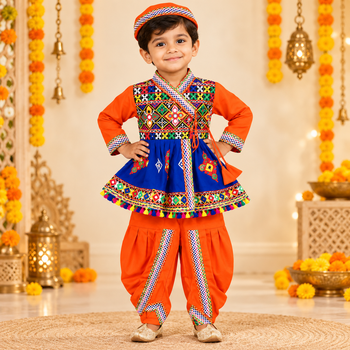 Boys Festive Orange Embroidered Jacket & Dhoti Set with Matching Cap – 100% Cotton