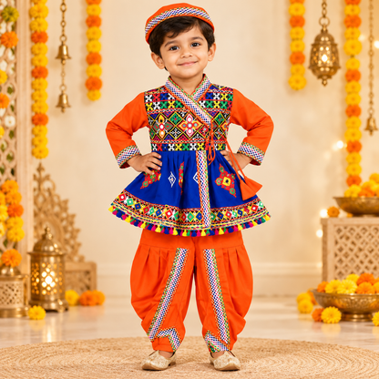 Boys Festive Orange Embroidered Jacket & Dhoti Set with Matching Cap – 100% Cotton