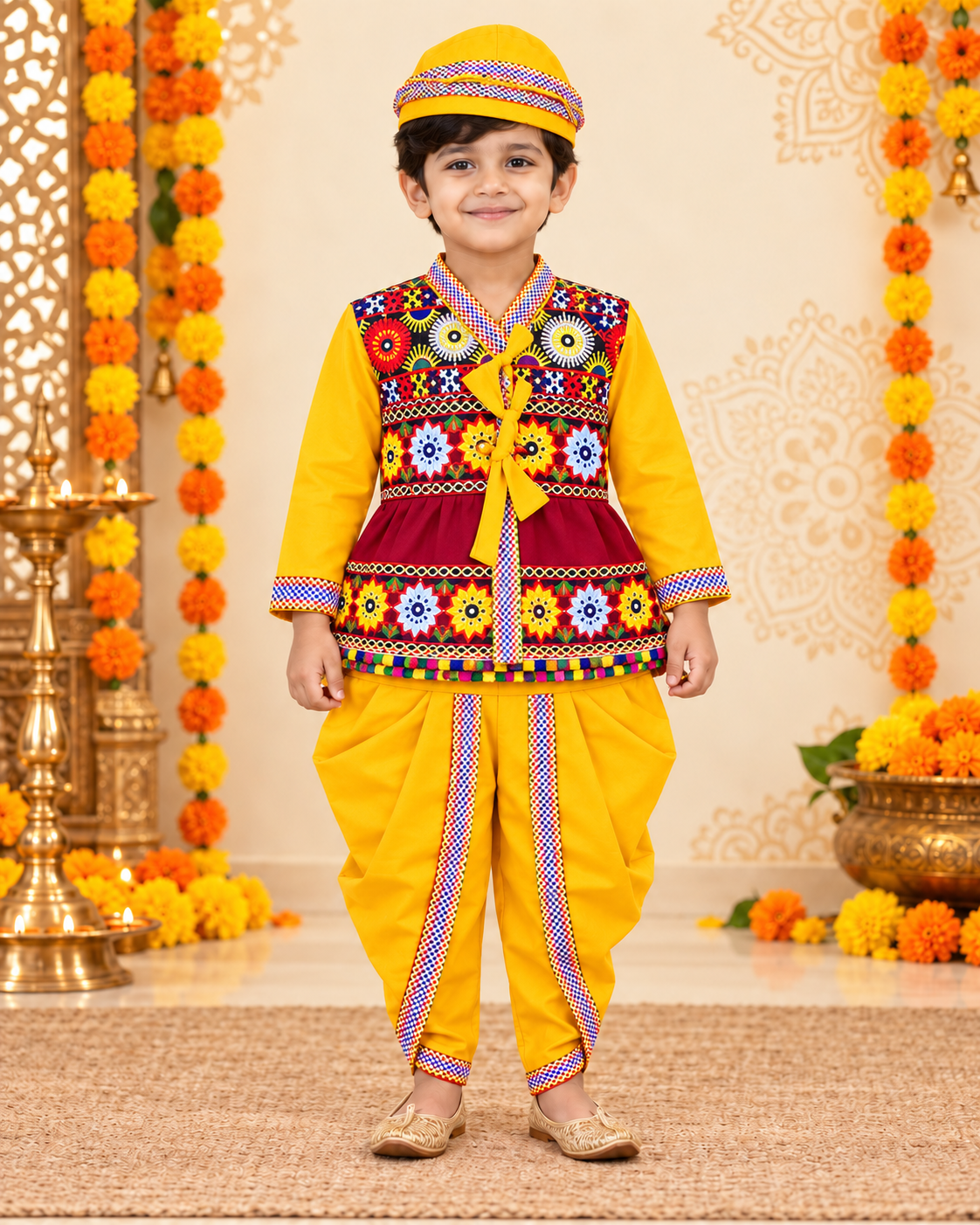Premium Boys Festive Yellow Embroidered Jacket Dhoti Set with Matching Cap – 100% Cotton
