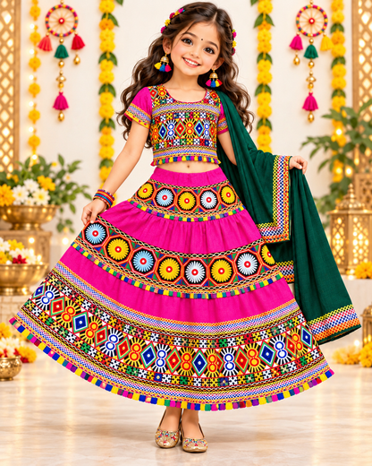 Girls Pink Traditional Cotton Lehenga Choli Set with Green Dupatta