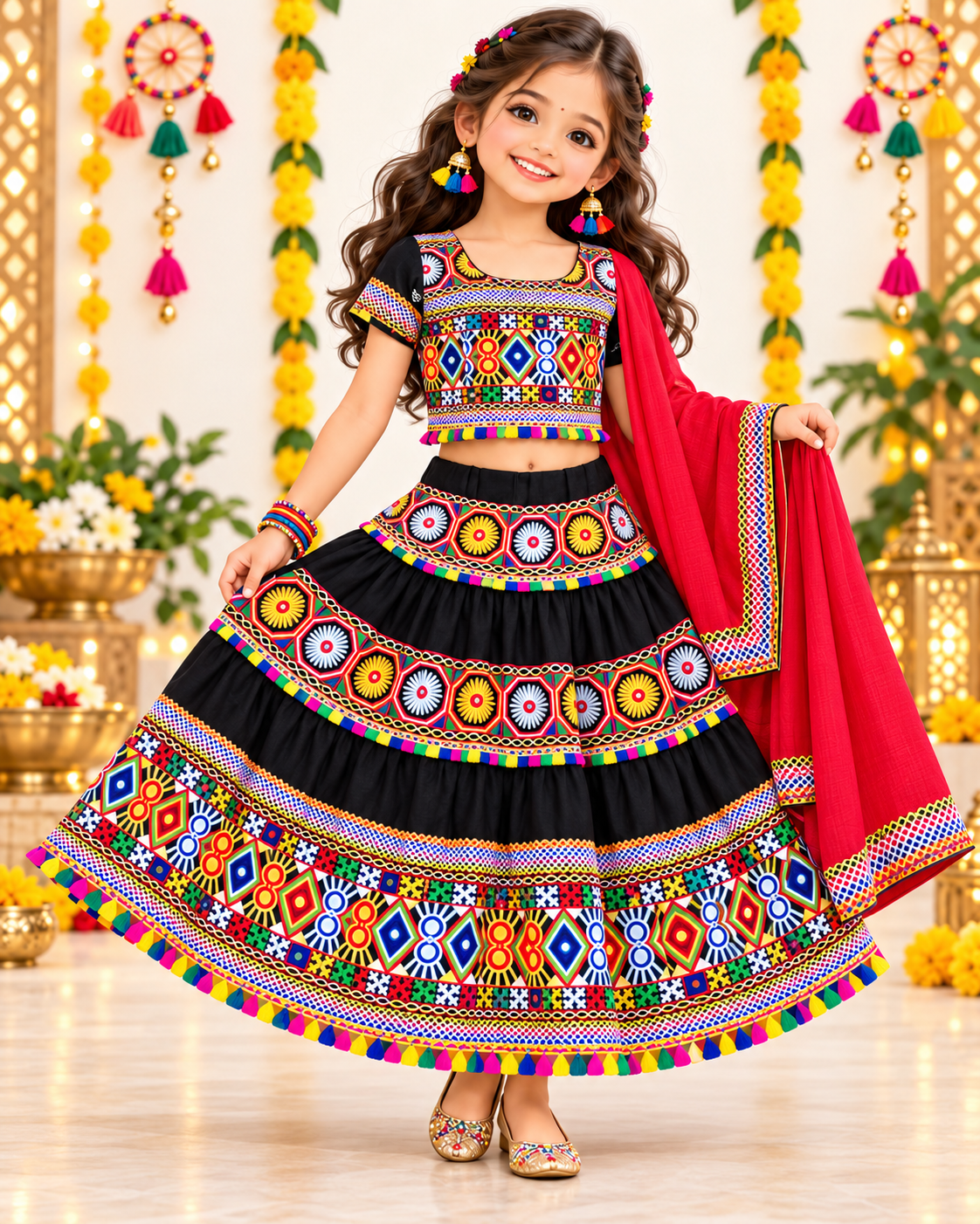 Girls Black Traditional Cotton Lehenga Choli Set with Red Dupatta