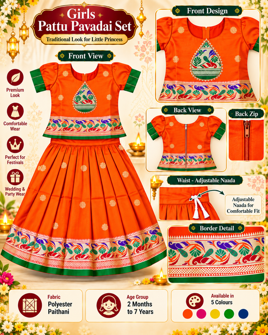 Girls Orange Peacock Design Pattu Pavadai Lehenga Set | Traditional Indian Festive & Wedding Wear