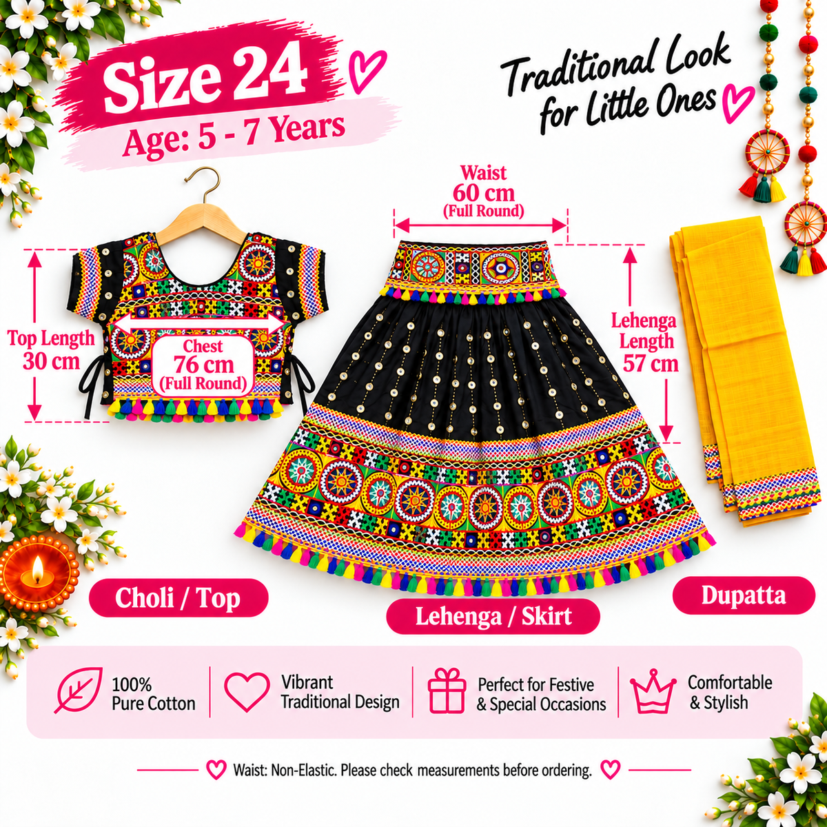Girls Black Traditional Lehenga Choli Set with Yellow Dupatta – 100% Pure Cotton Festive Wear