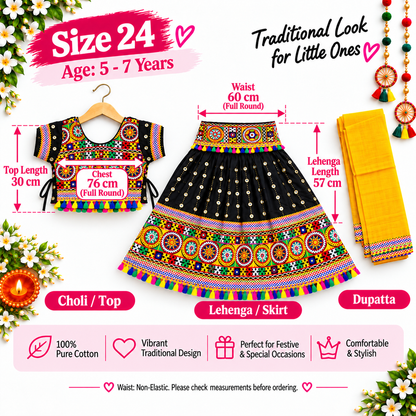 Girls Black Traditional Lehenga Choli Set with Yellow Dupatta – 100% Pure Cotton Festive Wear