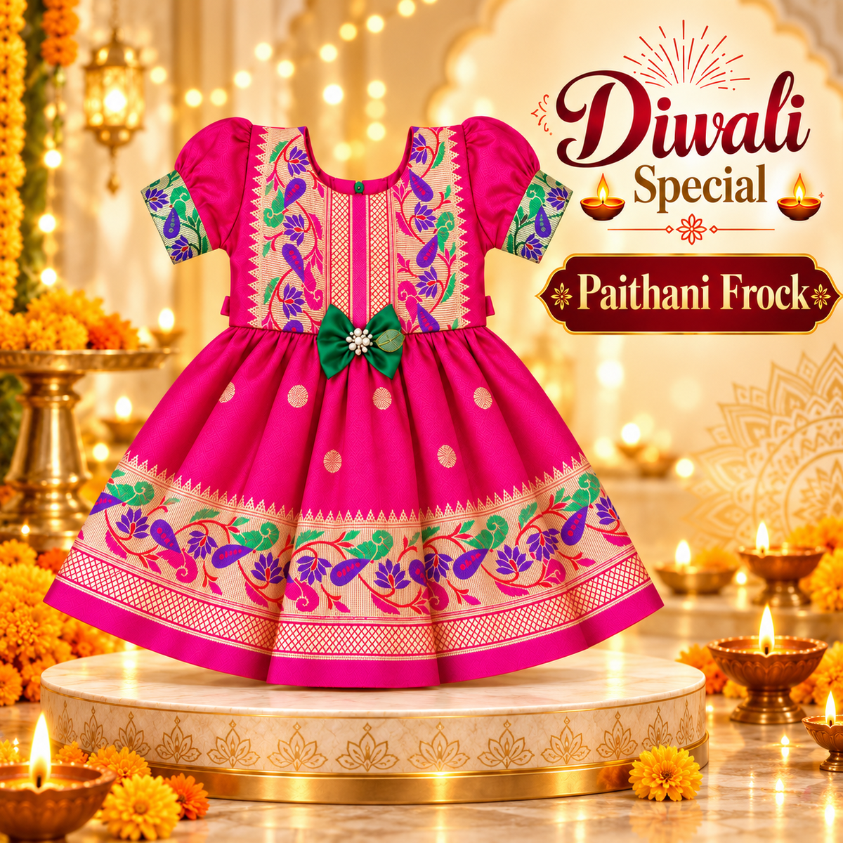 Girls Rani Pink Paithani Frock Dress | Traditional Indian Festive Wear | Wedding & Party Special
