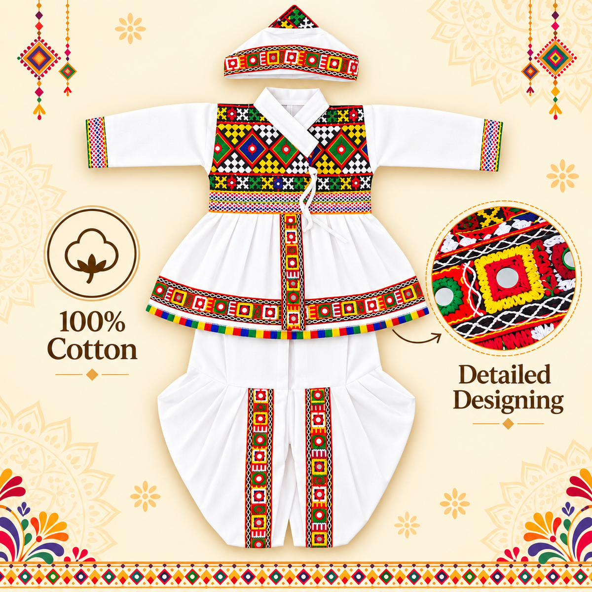 Premium Boys Traditional White Kutchi Embroidered Dhoti Kurta Set with Cap – 100% Cotton