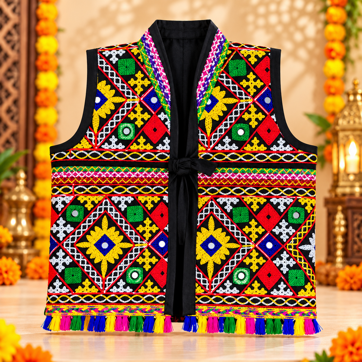 Kids Navratri Kutch Embroidered Jacket | Multicolour Traditional Mirror Work & Tassel Jacket | 1-2 Years