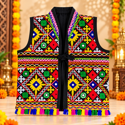 Kids Navratri Kutch Embroidered Jacket | Multicolour Traditional Mirror Work & Tassel Jacket | 1-2 Years