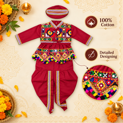 Boys Maroon Festive Angrakha Embroidered Dhoti Set with Matching Cap – 100% Cotton