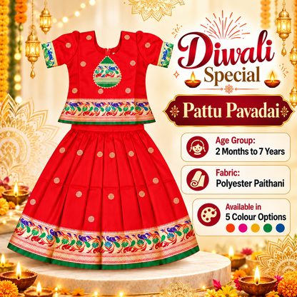 Girls Bright Red Traditional Pattu Pavadai Lehenga Choli Set | Designer Festive & Wedding Dress