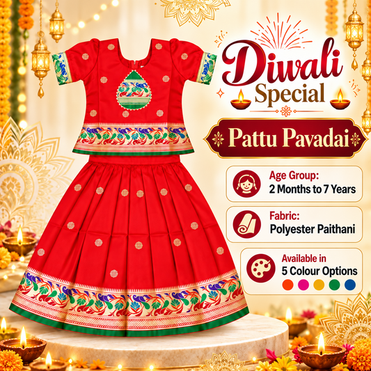 Girls Bright Red Traditional Pattu Pavadai Lehenga Choli Set | Designer Festive & Wedding Dress